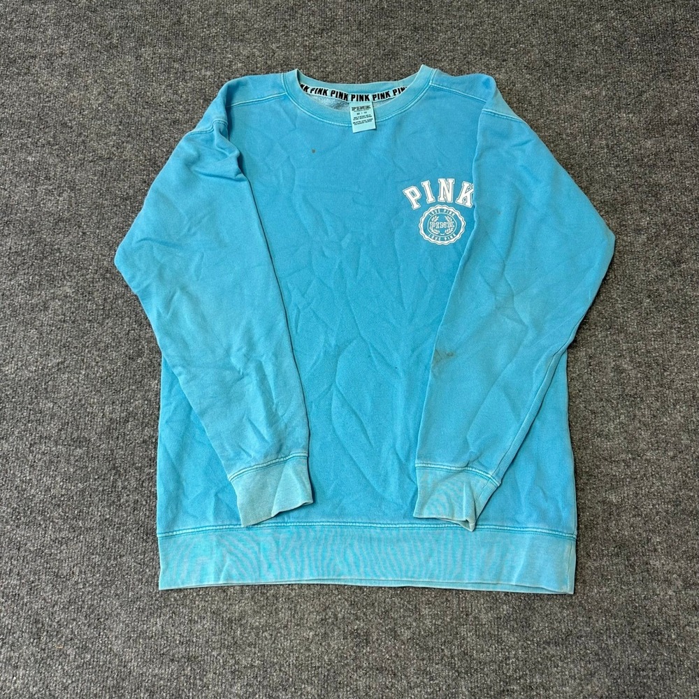 Pink Sweatshirt Womens Size XS Blue Crew Neck Graphic Logo Fleece Pullover Stain